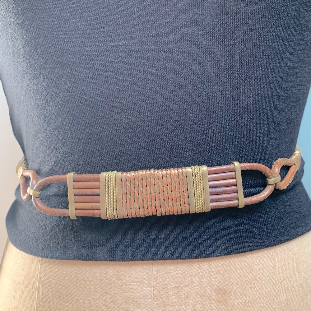Vintage 70s Brutalist Mixed Metal Adjustable Leather and Copper Artisanal Belt